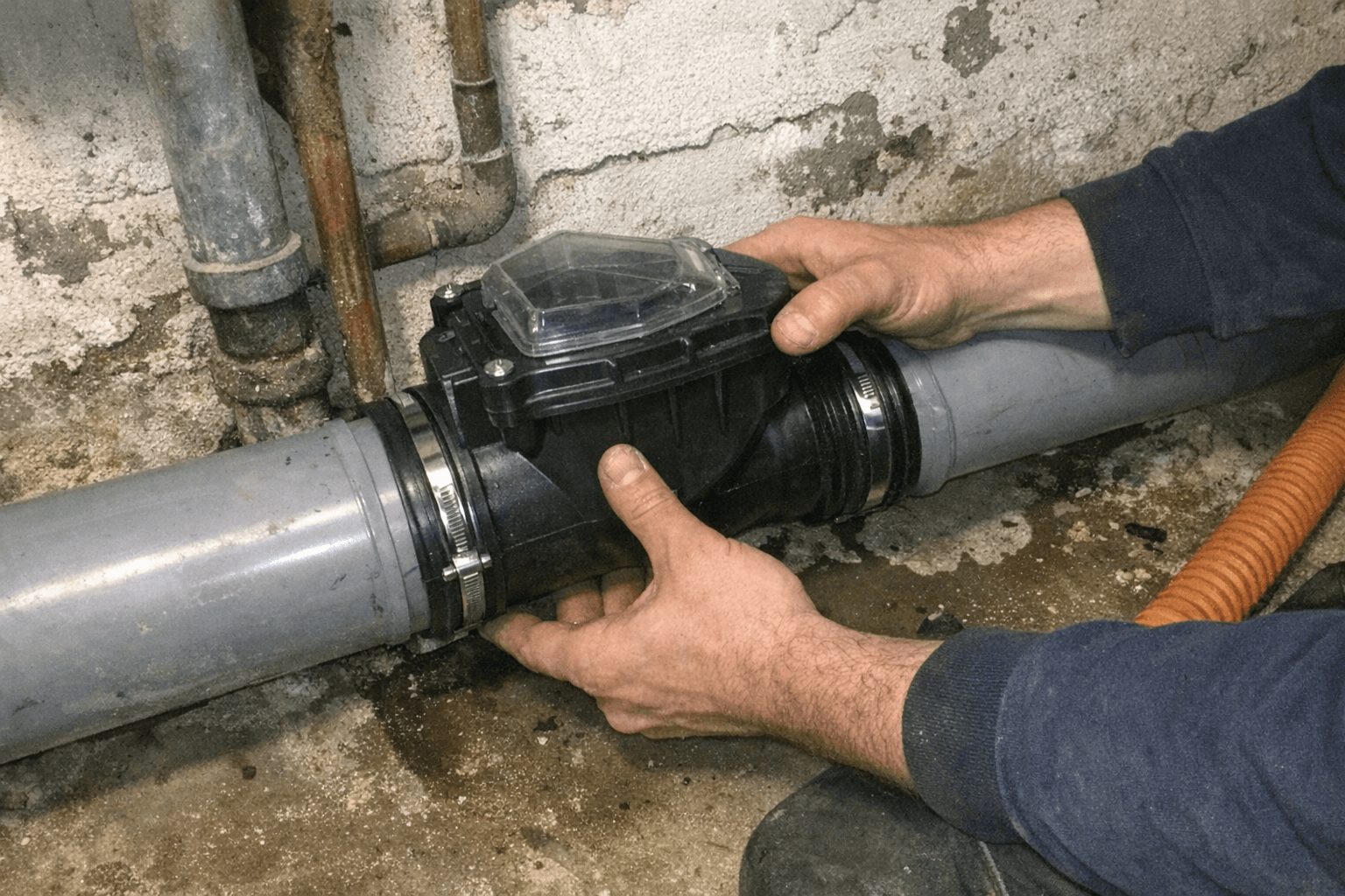 Installateur montiert Rückstauklappe, Werkzeuge daneben