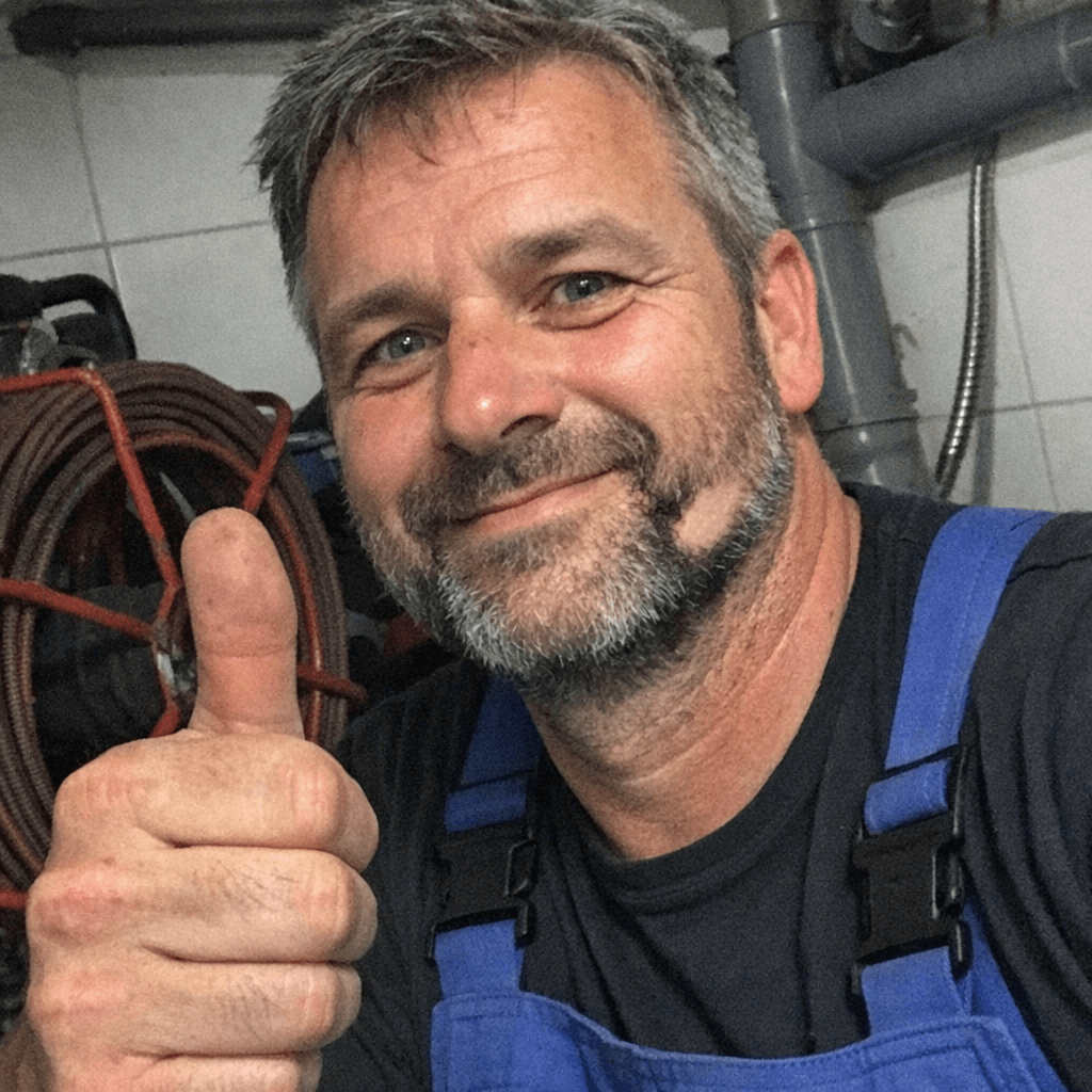 Sanitärfachkraft bereitet Spirale und Kameraaufsatz am Servicefahrzeug vor