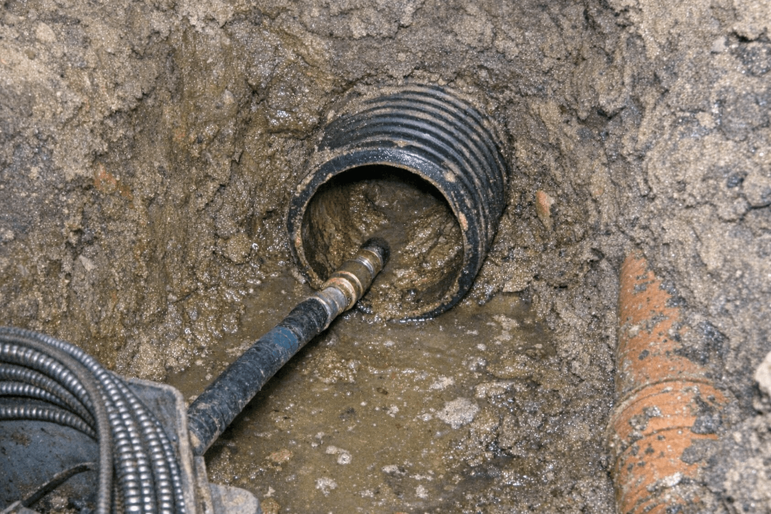 Offenes Drainagerohr im Erdreich, klares Wasser tritt aus