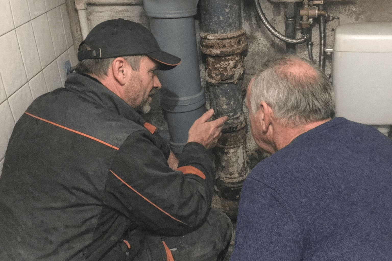 Monteur zeigt einem Kunden am Hauseingang Messprotokoll und bespricht die nächsten Arbeitsschritte
