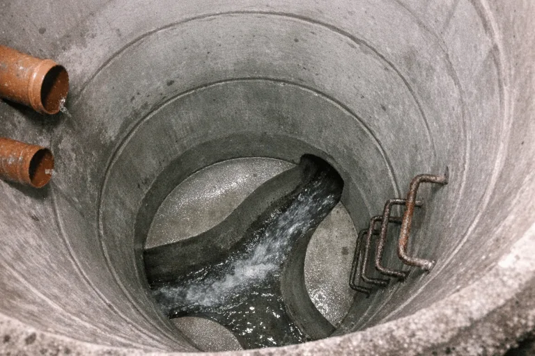 Ein gereinigter Kanalschacht mit fließendem Wasser