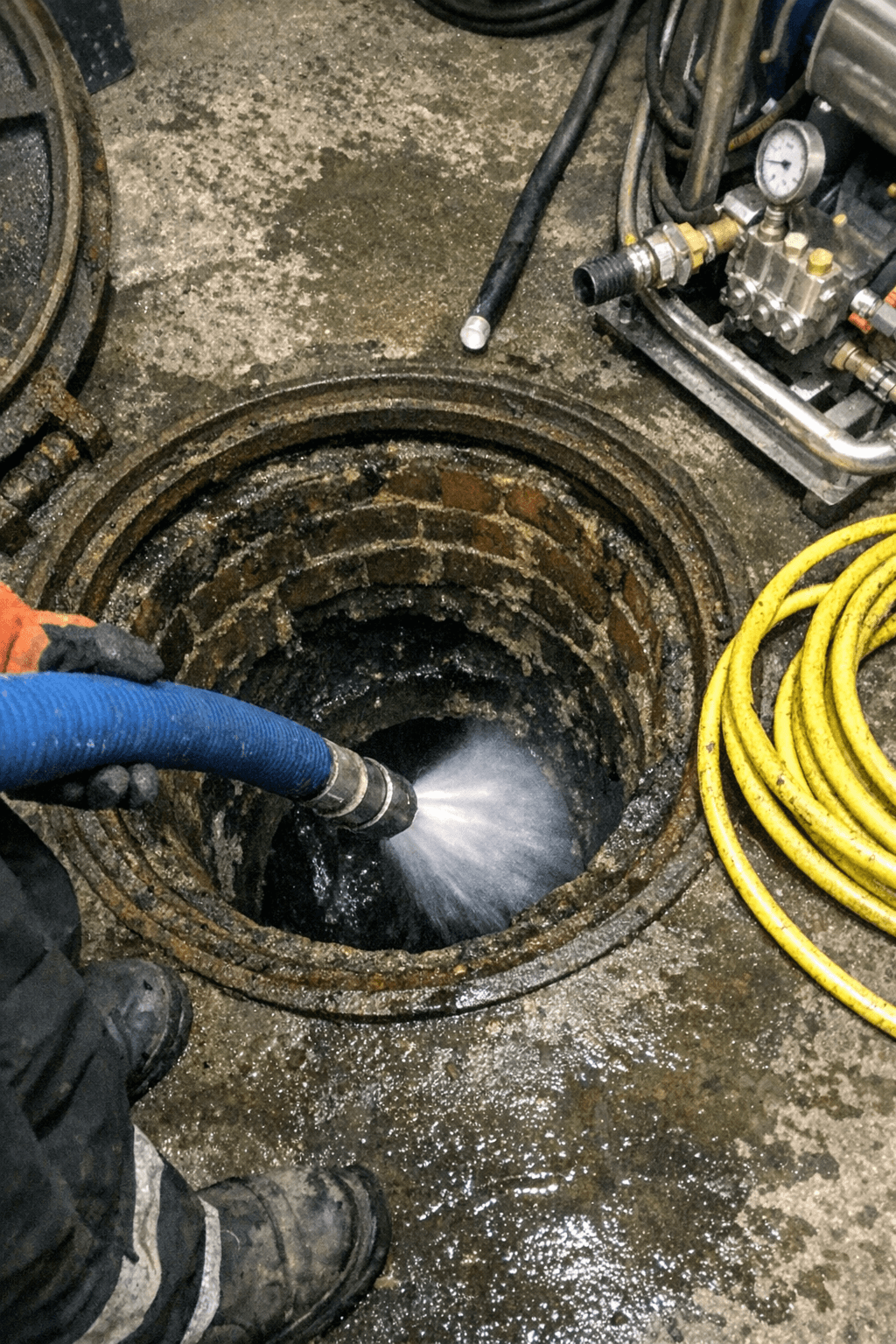 Techniker führt Hochdruckdüse in offenen Revisionsschacht im Hof